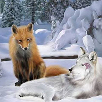 Painting, winter, white, Maned, pine trees, Snow, Wolf, Painting art HD wallpaper
