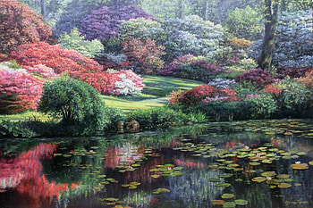 The lake, flower, water, vara, zbigniew kopania, lake, park, art, summer, pink, painting, pictura HD wallpaper