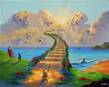 All Dogs Go To Heaven, sea, artwork, stairs, painting, clouds, sky HD wallpaper