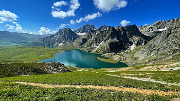 Krishansar Lake, Kashmir, India, trees, landscape, clouds, sky, mountains HD wallpaper