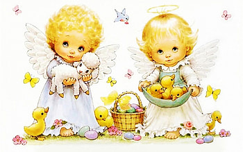 Easter Angels, artwork, chicks, festive, eggs, lamb HD wallpaper