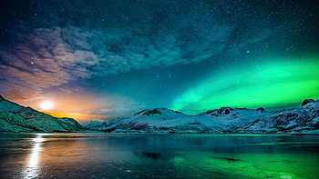Moonrise and Northern Lights Over Svolvaer, Norway, water, scandinavia, snow, landscape, colors, sky, ice HD wallpaper