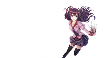 Bakemonogatari, Hair, Anime, School, Cute, Purple, Skirt, Girl, Scissors, Pencis, Uniform HD wallpaper