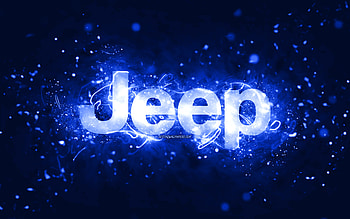 Jeep dark blue logo, , dark blue neon lights, creative, dark blue abstract background, Jeep logo, cars brands, Jeep HD wallpaper