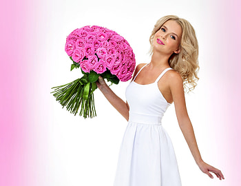 Beauty, white, bouquet, model, blonde, girl, woman, rose, pink, flower HD wallpaper