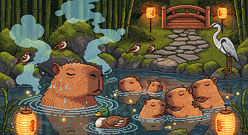 Zen Capybaras Onsen —, Capybara, Hot Spring, Pixel Art, Bamboo HD wallpaper