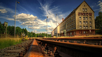 old train station in germany r, clouds, trees, station, tracks, r, train HD wallpaper
