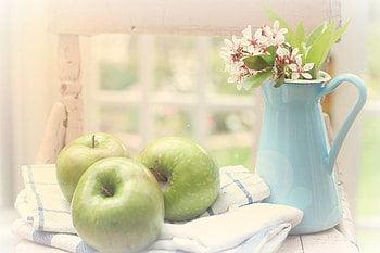 Green Apples, blue, graphy, window, still life, apples, pitcher, flower, green, fruit, apple HD wallpaper