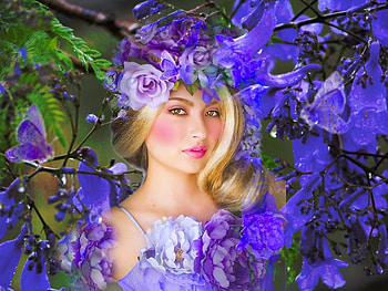 Delicate Flowers, flowers, girl, colorful, blue, vibrant, purple, butterflies, pink, vivid, green, bright, bold HD wallpaper