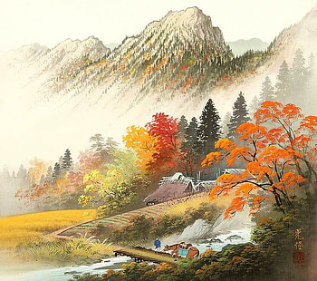 Koukei Kojima. Across the river, past the field ..., river, art, drawing, autumn, koukei kojima, tree, mountain HD wallpaper