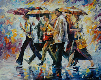 Leonid Afremov - Forgot my umbrella, umbrella, rain, art, man, people, woman, leonid afremov, reflection, painting, street, water HD wallpaper