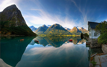 ~Serene Beautiful Norway~, fresh water, house, beautiful, serene, norway, lake, boats, clouds, nature, mountians, sky HD wallpaper