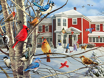 Birds watching the winter fun, house, bluejays, tree, cardinals, chickadee, dog, artwork, snowman, painting, sparrow, snow HD wallpaper