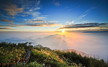 Nature, Mountains, Sun, Clouds, Shine, Light, Height, View, Track, Tourists HD wallpaper