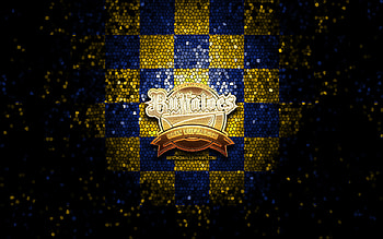 Orix Buffaloes, glitter logo, NPB, yellow blue checkered background, baseball, japanese baseball team, Orix Buffaloes logo, mosaic art, Nippon Professional Baseball HD wallpaper