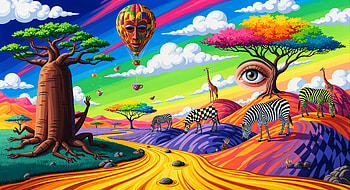 Vivid African Dreamscape —, Zebra, Giraffe, Hot Air Balloon HD wallpaper