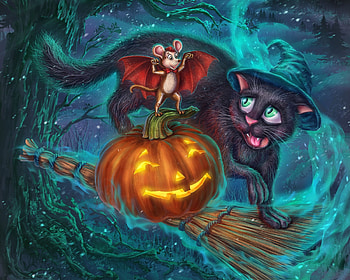 Halloween, artist andrey shuvalov, cat, blue, night, black, orange, fantasy, pisici, mouse, pumpkin, soricel HD wallpaper
