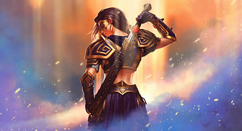 Hanna the Inquisitor, blue, black, sword, girl, orange, juggernaut wars, woman, game HD wallpaper
