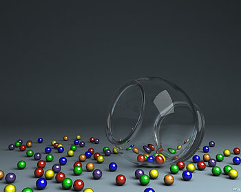 glass bowl , marbles, jar, 3d, glass, bowl HD wallpaper