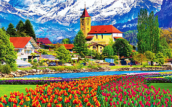 Brienz Town Flowers, Switzerland, village, spring, church, mountains, alps, tulips HD wallpaper