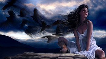 Beauty in art, colorful, magic, black, birds, art, peaceful, girl, wizard, beautiful, beauty, fantasy, splendor, hair, lovely HD wallpaper