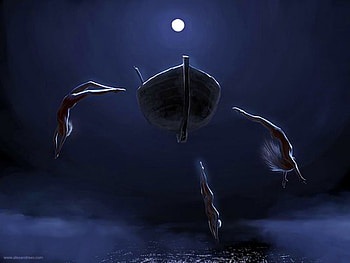 Into the blue, night, blue, swimming, boat, three women, moon, water, ocean HD wallpaper