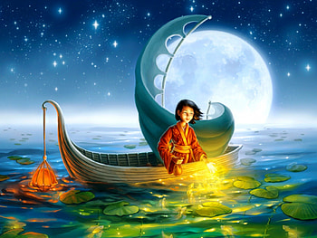 Lake of Moon, boat, cg, moon, fantasy, lake HD wallpaper