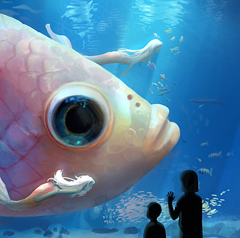 Underwater Wonderland, blue, mermaid, children, ress, mini, copil, summer, pink, pesti, glass, fish, water, giant, siren, vara, silhouette HD wallpaper