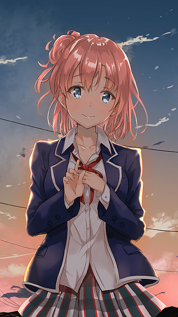 school uniform, short hair, pink hair, My Teen Romantic Comedy SNAFU, Anime, anime sunset HD phone wallpaper
