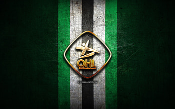 OH Leuven FC, golden logo, Jupiler Pro League, green metal background, football, belgian football club, OH Leuven logo, soccer, Oud-Heverlee Leuven HD wallpaper