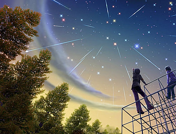 Light Show, fireworks, 3d, childrenstars, kids, trees, sky, figures, park HD wallpaper
