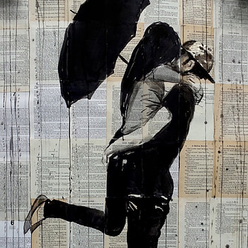 First Kiss..., Black And White, Louis Jover, Art, Umbrella, Kiss, Painting, Love HD wallpaper
