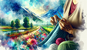 Serene Knitting in Pastoral Landscape, knitting, yarn, landscape, flower, artistic HD wallpaper