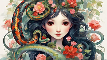 Snake Woman, girl, woman, snake, flower HD wallpaper