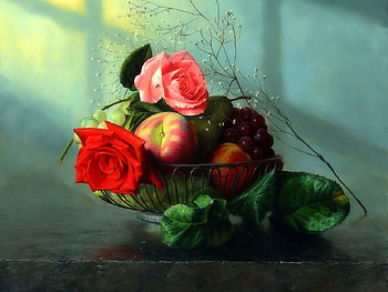 ..Colorful Still Life.., colorful, beloved valentines, plants, graphy, colors, cut flowers, basket, sweet, roses, lovely still life, beautiful, fruits, arrangement, creative pre-made, love four seasons, still life, pretty, nature, lovely HD wallpaper