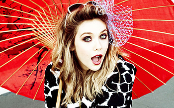 Elizabeth Olsen, red umbrella, blonde HD wallpaper