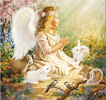 By Dona Gelsinger, bunny, wing, painting, art, flower, cute, angel, dona gelsinger HD wallpaper