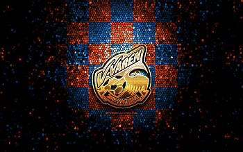 V-Varen Nagasaki FC, glitter logo, J2 League, orange blue checkered background, soccer, japanese football club, V-Varen Nagasaki logo, mosaic art, football, V-Varen Nagasaki HD wallpaper