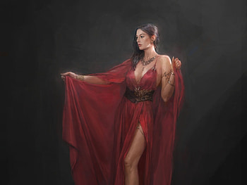 Dancer, red, fantasy, kim ssang, art, dress HD wallpaper