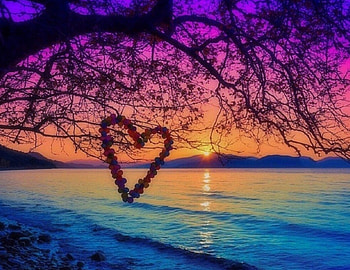 Hanging Heart Sunset, seaside, sea, sunsets, beaches, attractions in dreams, beauty of nature, paradise, creative pre-made, summer, love four seasons, nature, heart HD wallpaper