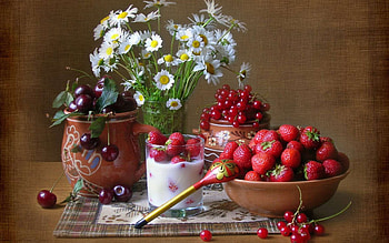 Still Life with Fruit, still life, graphy, daisies, strawberries HD wallpaper