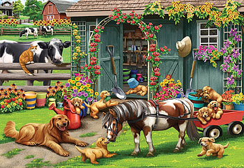 Playtime At The Garden Shed, painting, pony, cow, dogs, cat, flowers HD wallpaper