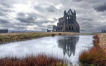 Old Church, field, clouds, water, england HD wallpaper