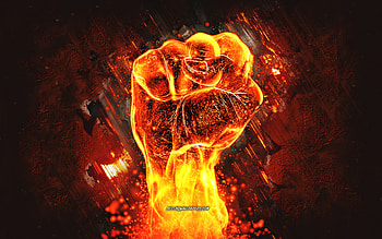 fiery fist, orange stone background, power concepts, fire, fiery hand, flame, grunge art, power HD wallpaper