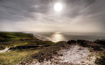 Fields, Nature, Sea, Sun, Coast, Elevation HD wallpaper