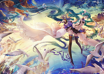 Hatsune Miku, blue, wings, bird, cat princess, girl, anime, green, manga HD wallpaper