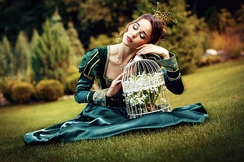 Summer Beauty, bird cage, grass, beauty, park, crown, trees, flowers, women, princess HD wallpaper