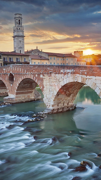 Verona Travels, Italy Verona river bridge, Sunset view HD phone wallpaper