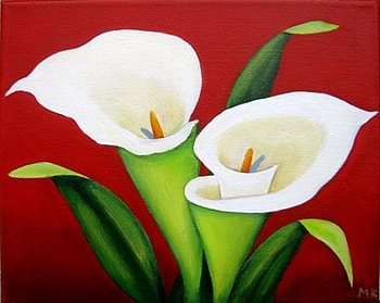 Calas on red, painting, art, flower, cala, nature HD wallpaper