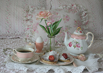 Breakfast, ou, ceai, bujor, cakea HD wallpaper